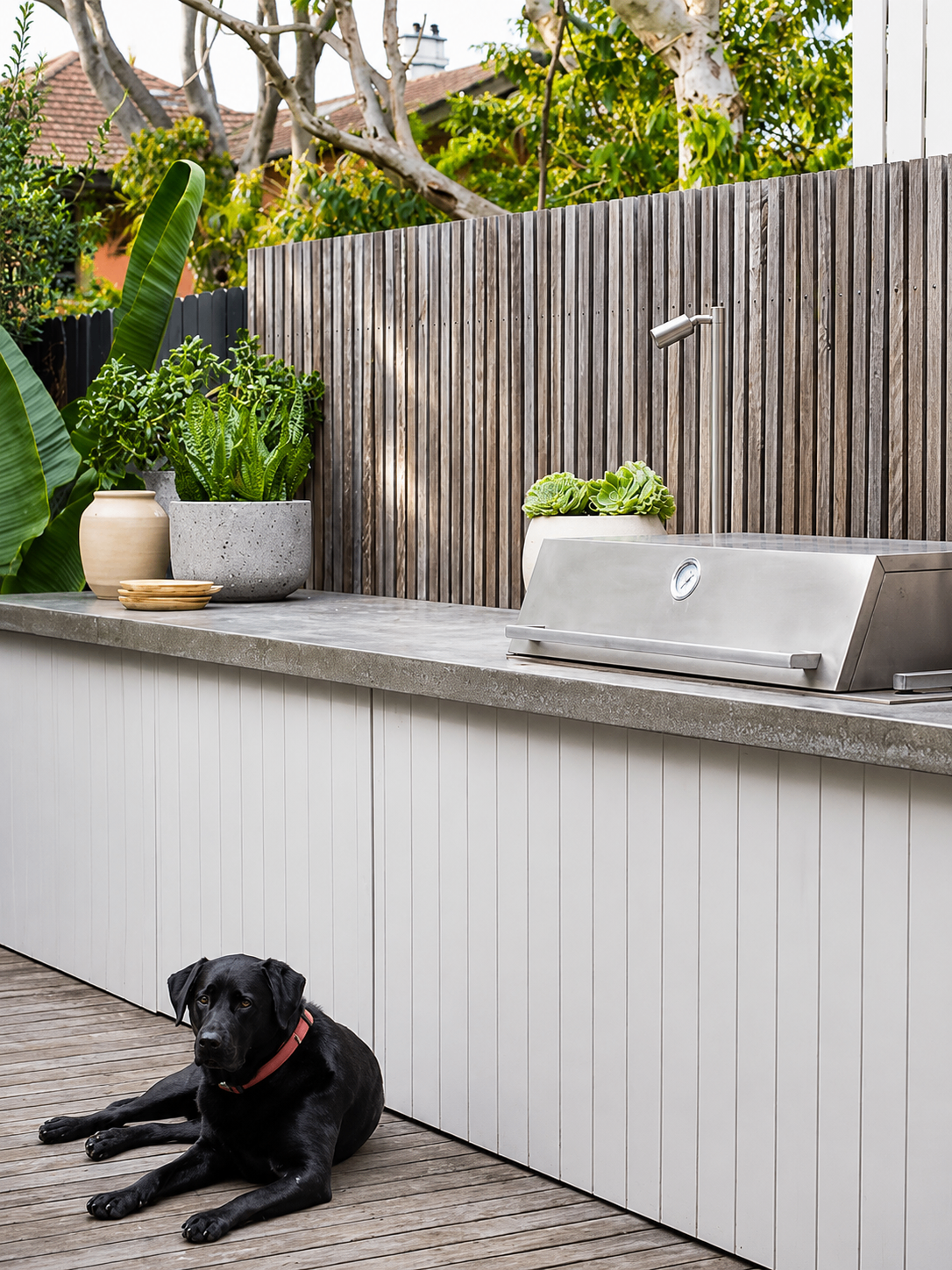 Outdoor kitchen with timber screening, concrete benchtop and BBQ, with black labrador on the deck