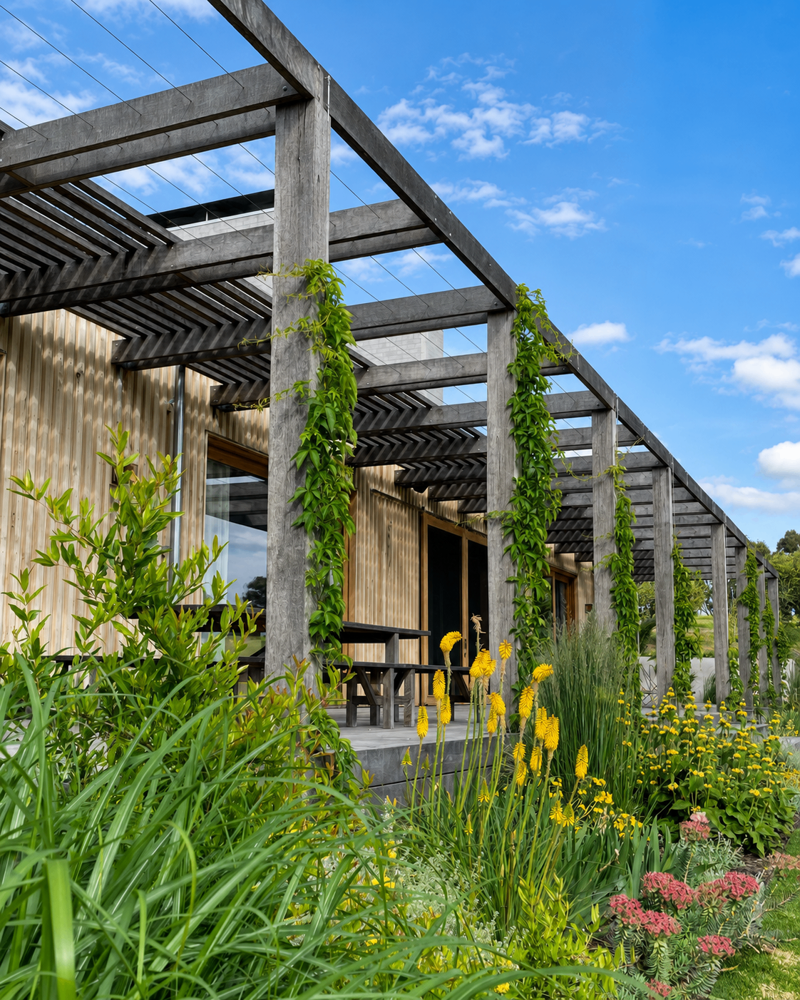 Weathered timber pergola with climbing greenery and native garden by Cape Build